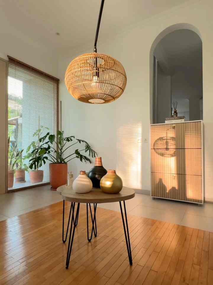 Warm wood tone natural-colored living room featuring rattan pendant light and leafy plant creating a cozy atmosphere