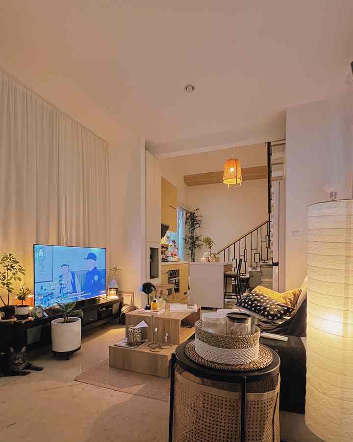 Natural style living room with warm wood tones and black sofa, featuring cats and plants in a cozy atmosphere