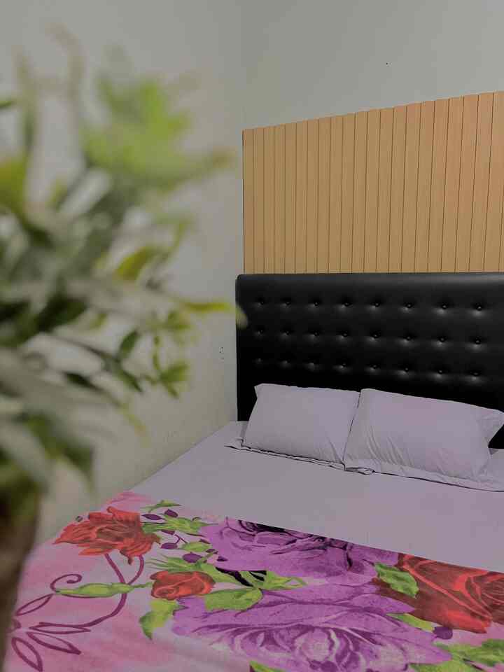 Bedroom space with black tufted headboard, purple bedding, white walls and green plant on the side