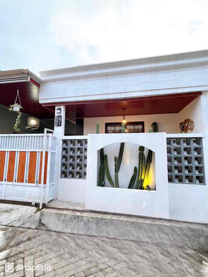 Entrance exterior in white and brown tones featuring tall cacti centrally displayed in a neat residential facade