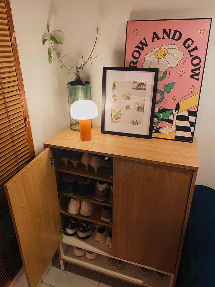 Beige and natural tone entrance featuring a central shoe cabinet with a table lamp and plant creating a cozy space