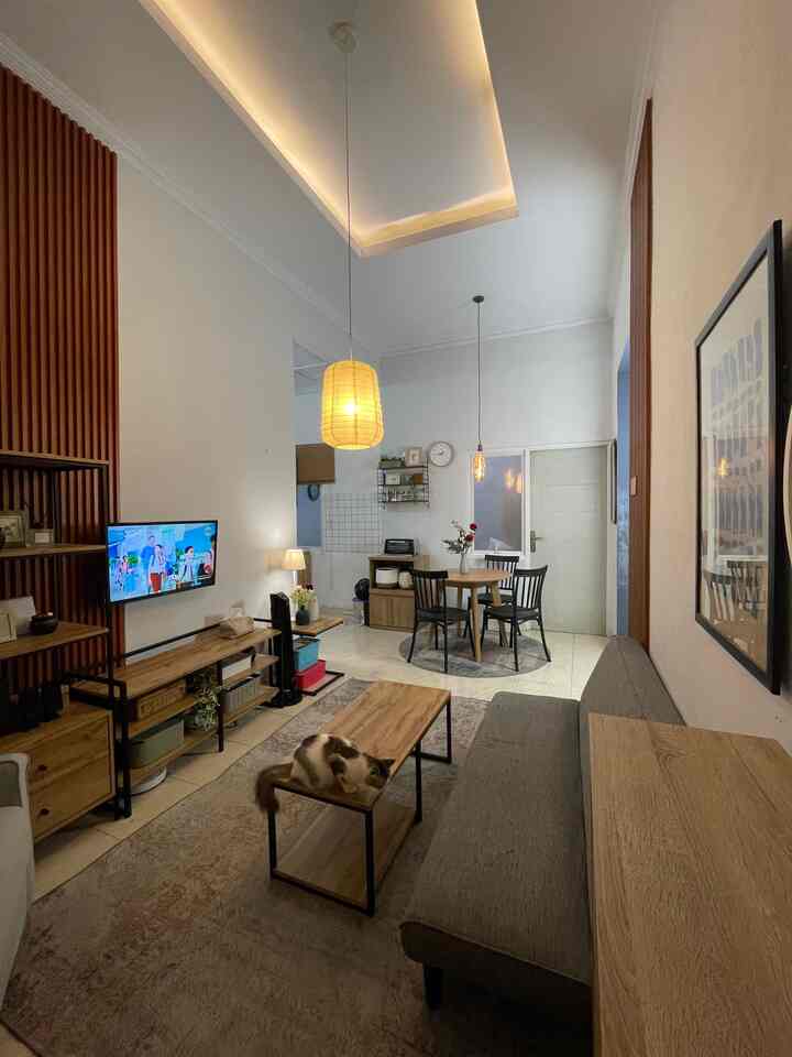 Bright white and wood-toned living room featuring a cat resting on the coffee table, modern furniture arranged for a warm atmosphere