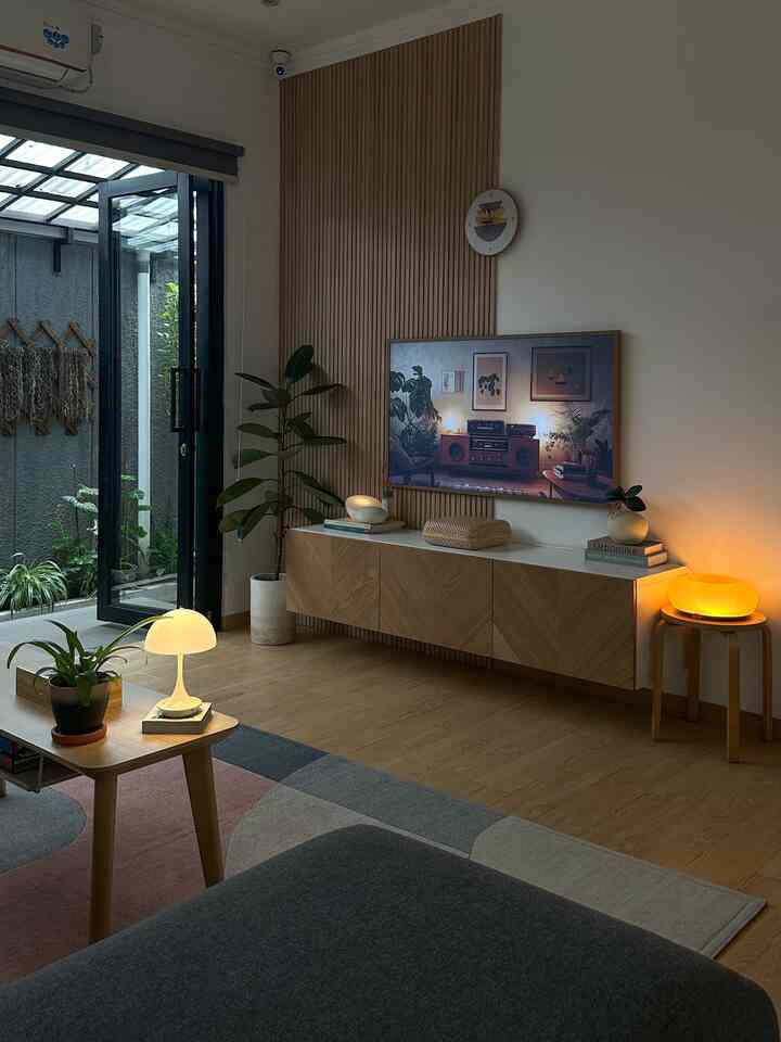 Natural wood tone and white living room featuring minimalistic layout, greenery, and a pet cat, creating a cozy and clean atmosphere