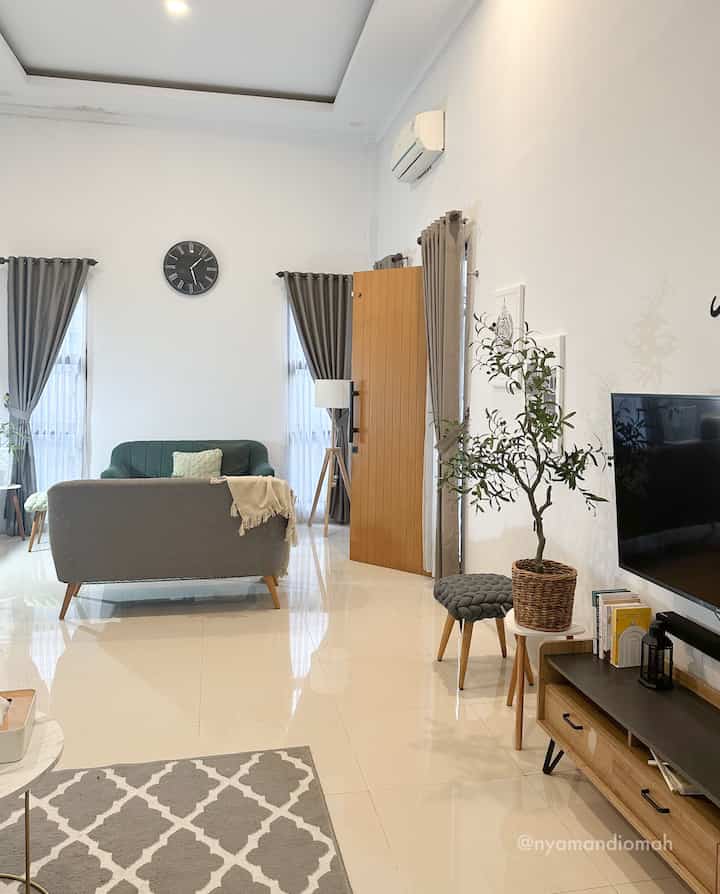 Bright white and gray toned living room featuring gray sofas, large carpet, TV stand, and potted plant creating a harmonious space