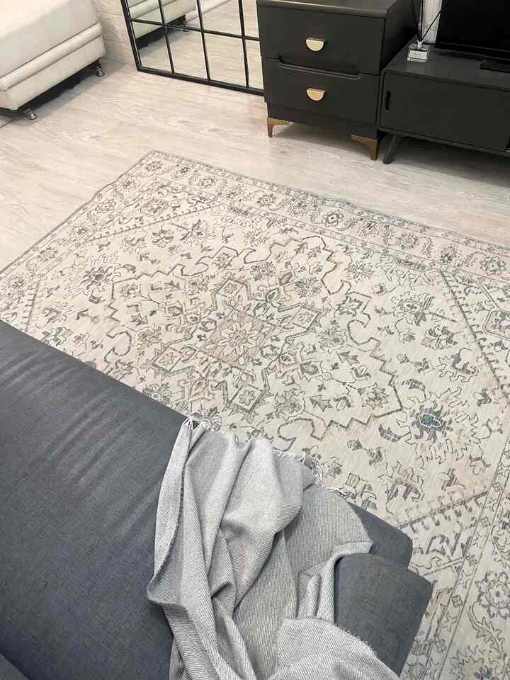 Gray and light gray toned living room featuring a two-seater sofa and patterned carpet with modern style