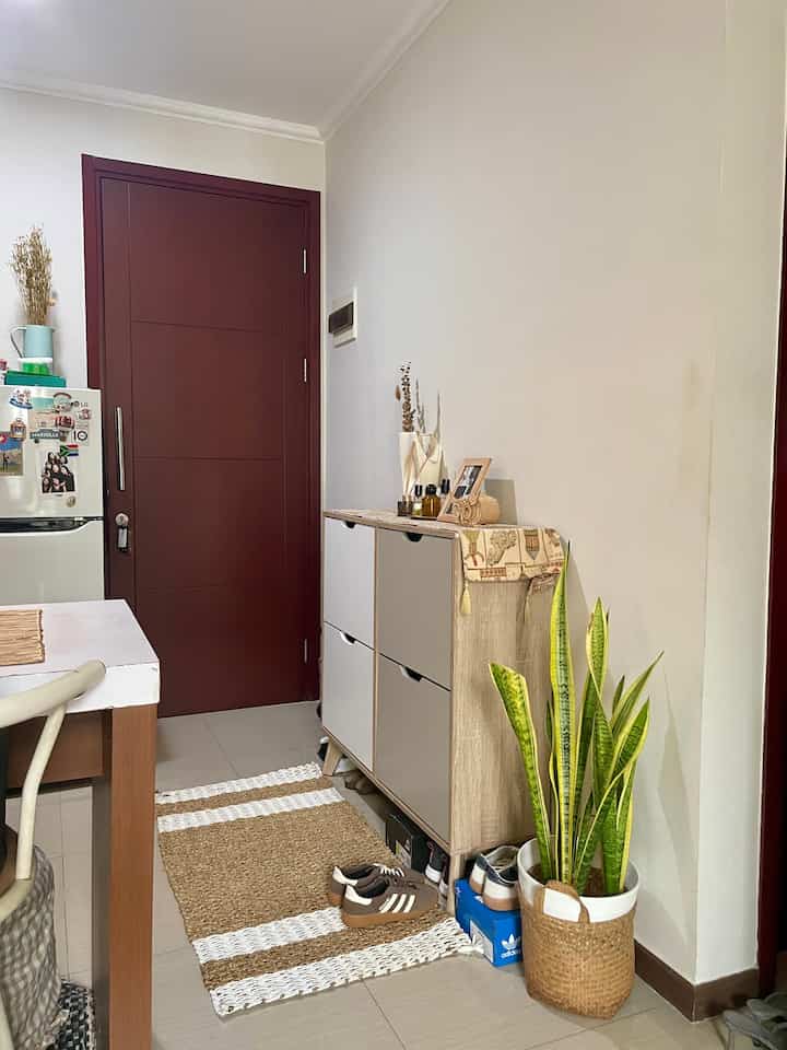 Natural beige and brown toned entrance featuring a shoe cabinet, seagrass rug, and tall potted plant, creating a cozy atmosphere