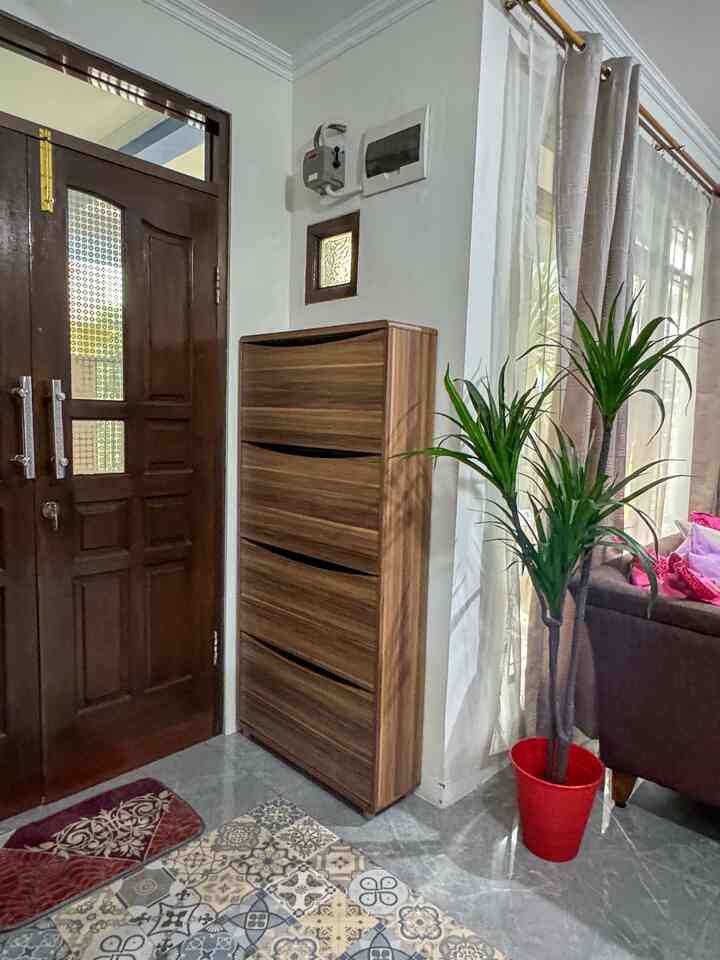 Brown shoe cabinet and white walls in a tidy entrance featuring a green plant in a red pot