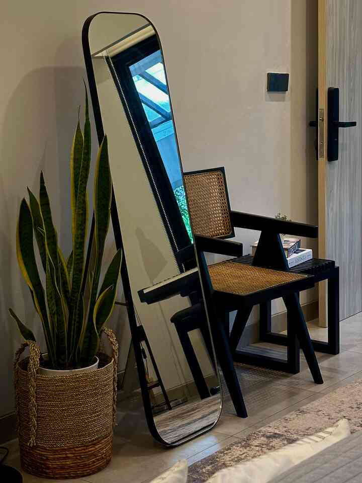 Natural-toned entrance space featuring a large plant, a rattan armchair, and a full-length mirror creating a warm atmosphere