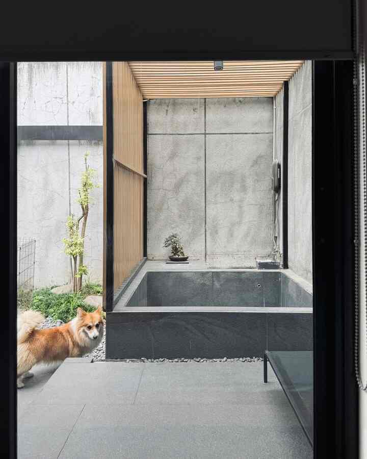 Gray tiled floor and wood-tone slatted ceiling harmonize in a minimalist outdoor garden space featuring a dog on the left.