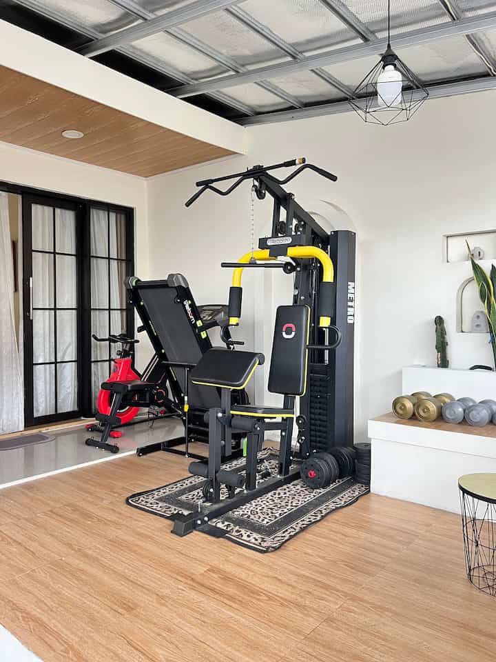 The home gym area in my house is on the front porch. Because my husband and I are gym enthusiasts, we made this room into a sports area and a place for me time when the kids are at school.
#homegym
#sportsarea
#gymroom
#sportsroom
#gymarea
#gym
#treadmil
#dumbell
#barble
#FitnesHomeGym
#granite
#HangingLamp