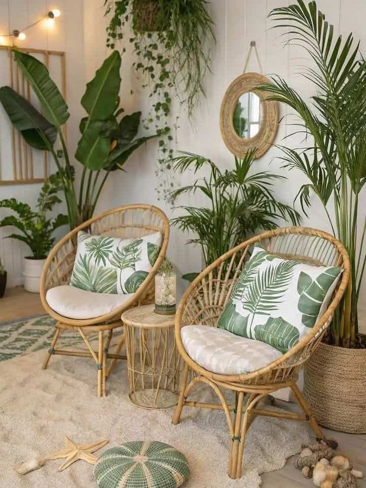 Natural wood tones and green plants blend in a minimalist living room featuring rattan armchairs and lush greenery creating a cozy space