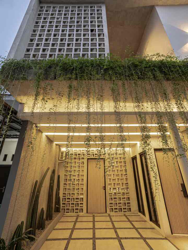 Minimalist house facade in beige and wood tones featuring entrance door, roster wall, and hanging plants creating a natural color atmosphere