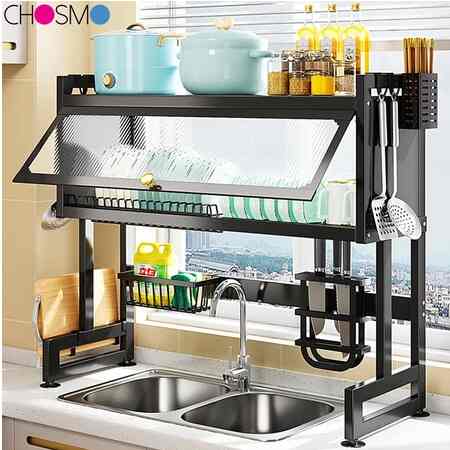 Rak Piring Wastafel Dapur Stainless Steel Multi-fungsi Dengan Penutup