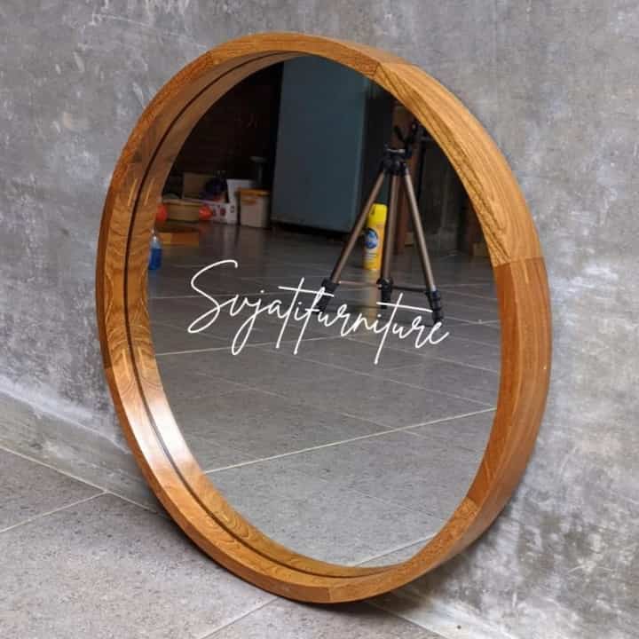 cermin bulat kayu jati diameter 40cm