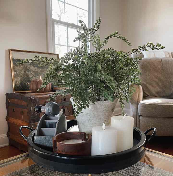 Beige-toned living room featuring vintage furniture with a tray holding plants and candles, creating a cozy atmosphere