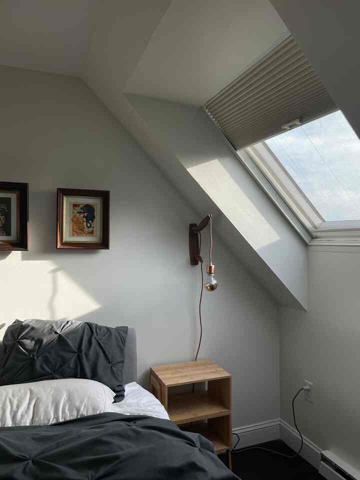 Mornings in the winter vacation home featuring the sky light #bedroom #skylight