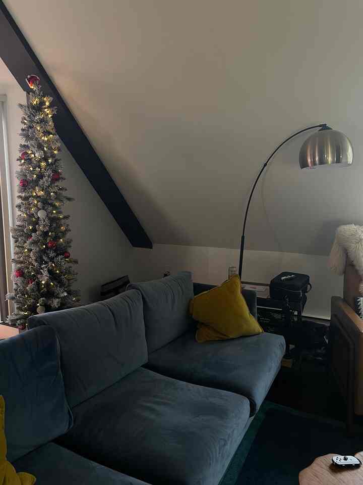 A slim christmas tree lights up a tiny living room space! 🎄🤍🎅 #firtree #christmastree #livingroom #smallspaces