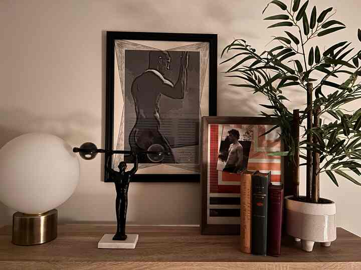 #bedroomdecor #vignette #art #decor #desk #corner Vignette on top of bookcase in bedroom and a corner of my bedroom with my desk and one of my original drawings in a frame.