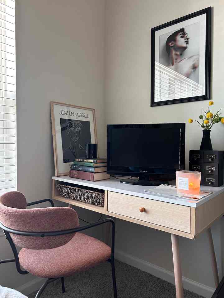 **The Return Of My Pink Chair** I’ve had this chair for about five years. However, i haven’t been using it for a couple of years because the lack of substantial natural light nor the lamp lighting did not do it justice in my last apartment. So, I stored it in a closet. But it looks good in my current bedroom’s natural light. The second picture shows it in the first home it resided in. I had a second identical one too and was using it with a throw blanket covering it up in my last bedroom. It got ruined but I’m thankful that I still have this one. #chair #officechair #diningchair #desk #corner 