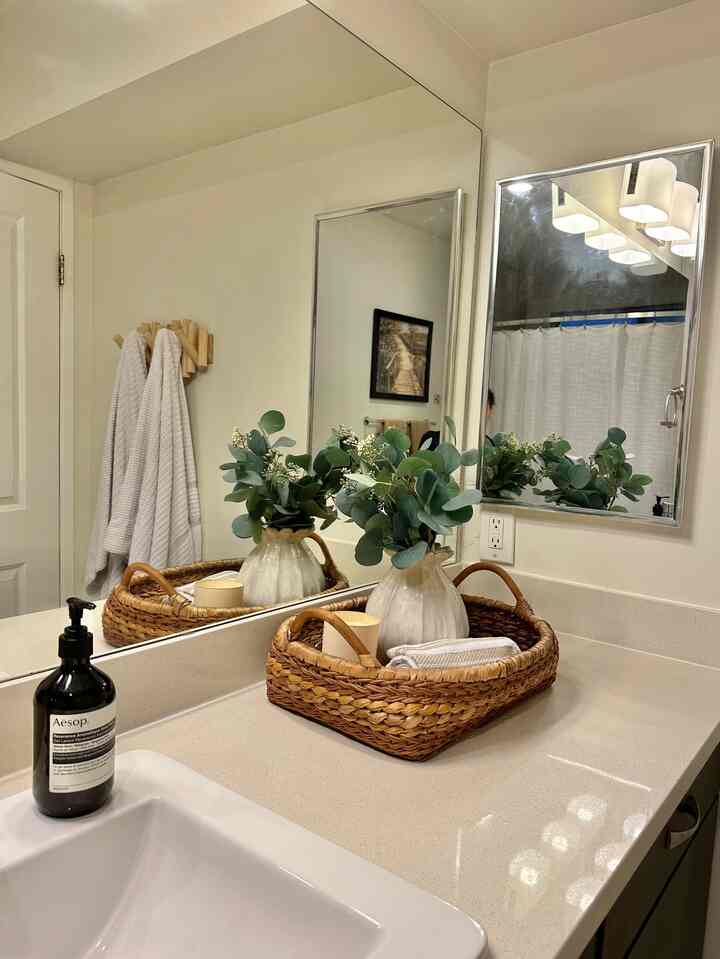 Bathroom decor updates #bathroom #Aesop #stems #basket 