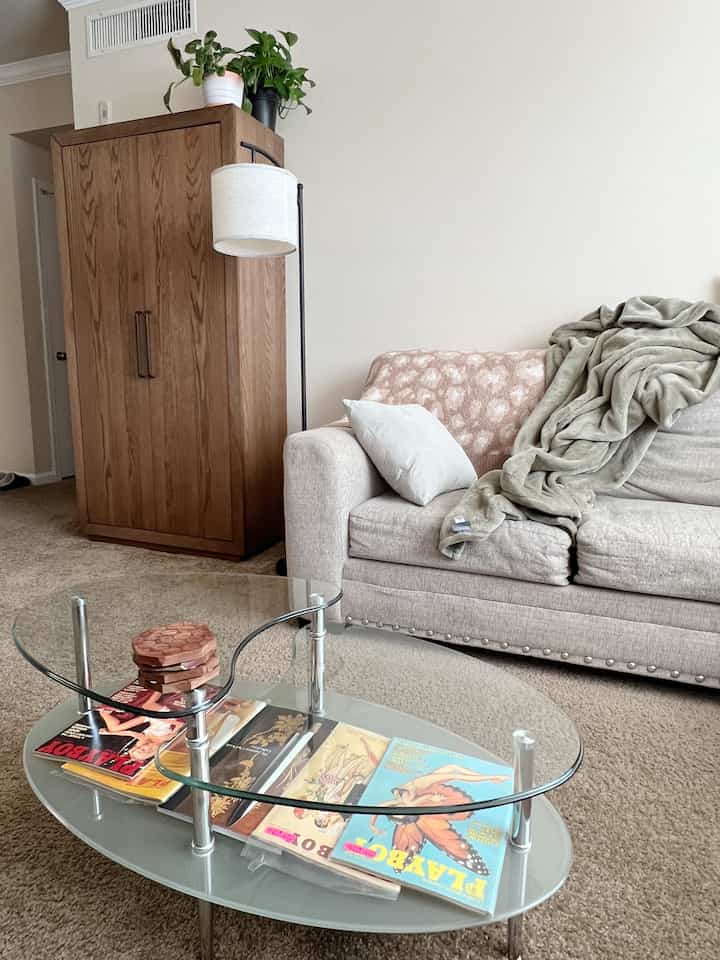 Functional living room in your 20’s ☀️ #livingroom #glasstable #realwood