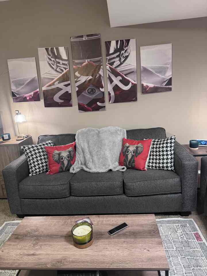 Sports themed downstairs Den/ Bonus room #ruggable #walmart #roomstogo #amabama 