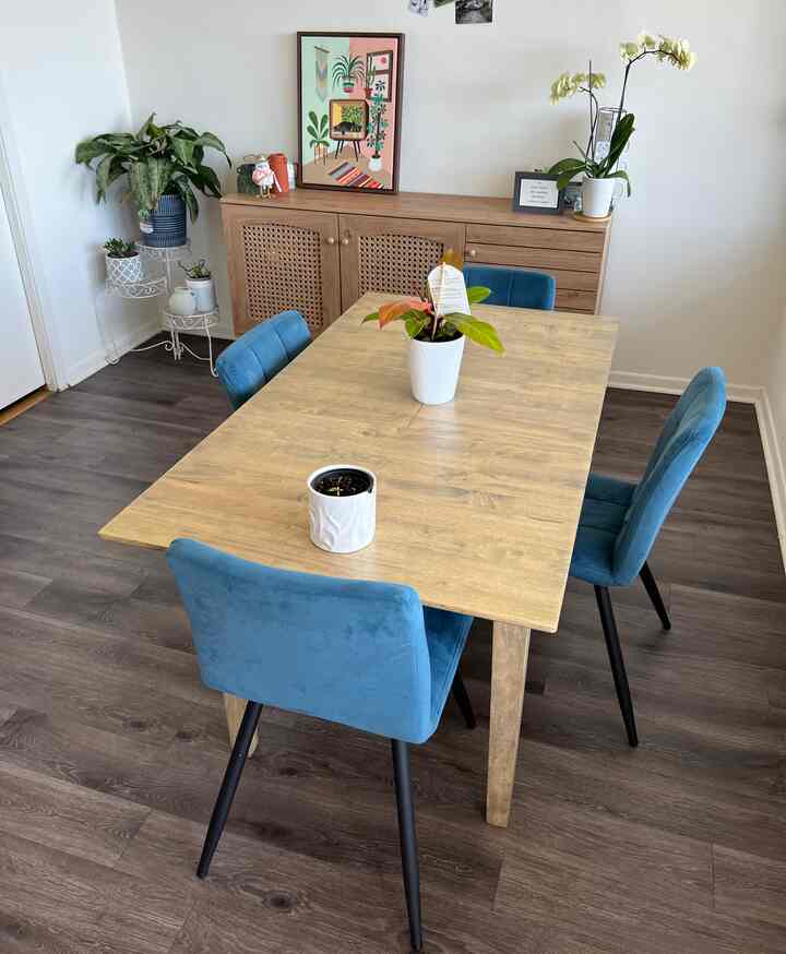 Welcome to our #dinningroom, we have placed a #ratansideboard next to the dinning table to store everything necessary for preparing our favorite coffee. I love plants so this #rachellee cat canvas is the focus point that enhances our beautiful space.