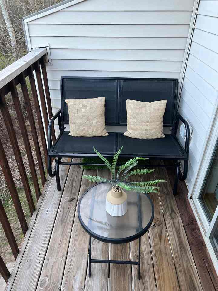 We have a swxsnf sized apartment deck and I styled it with a glider and side table as well as a waterproof dog bed for Luna!

#smallpatio #apartmentdeck #patiodecor