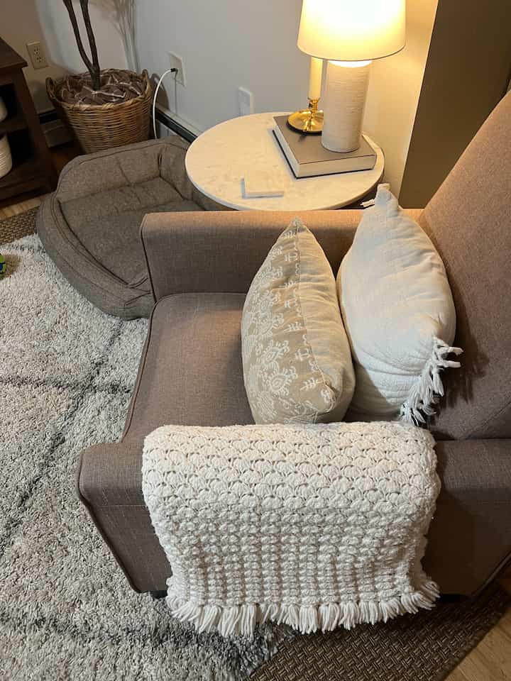 Beige-toned living room featuring a comfortable recliner, pet bed, and round side table with cozy ambiance