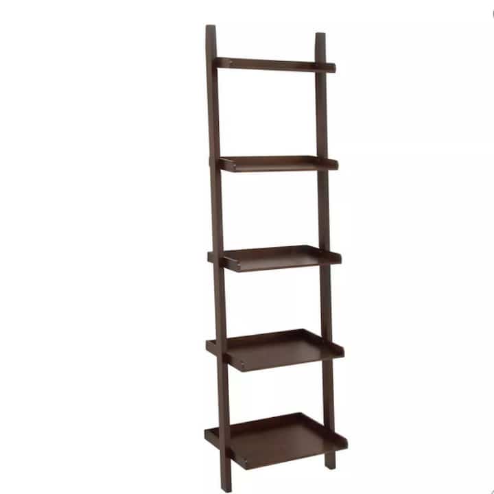 69" Farmhouse Wooden Ladder Shelf Brown - Olivia & May: Traditional Style, 5-Tier Leaning Bookcase, Wood Frame