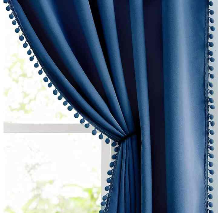 Pompom Blackout Window Curtains Navy