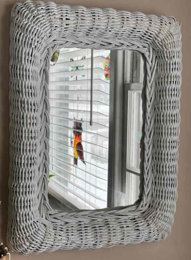 Vintage Rounded Corners White Wicker Rattan Weaved Mirror