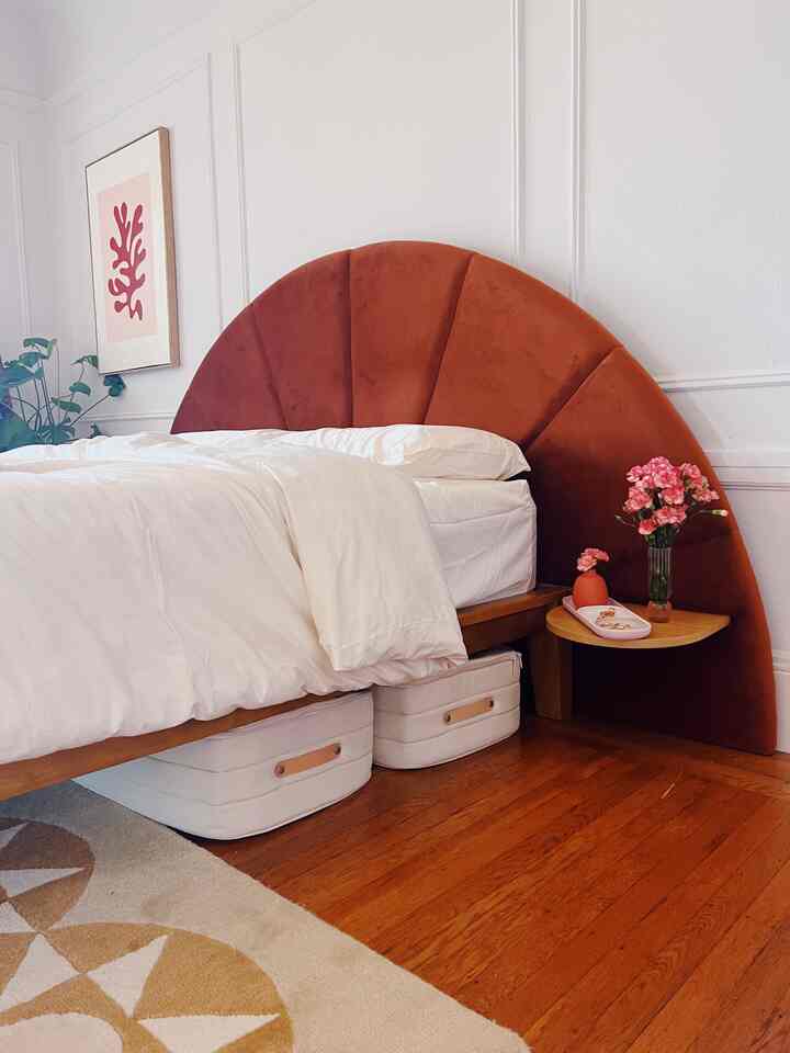 Under bed storage hack for this small, postmodern space! #storage #bedframe #headboard