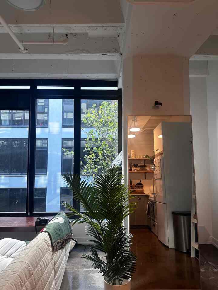 Natural tone industrial living room with large windows, sofa, floor mirror, and plants creating a cozy atmosphere