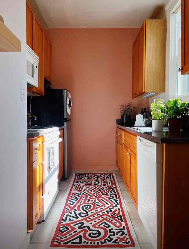 Warm natural-tone kitchen featuring a Keith Haring style runner rug centrally placed in a narrow kitchen corridor