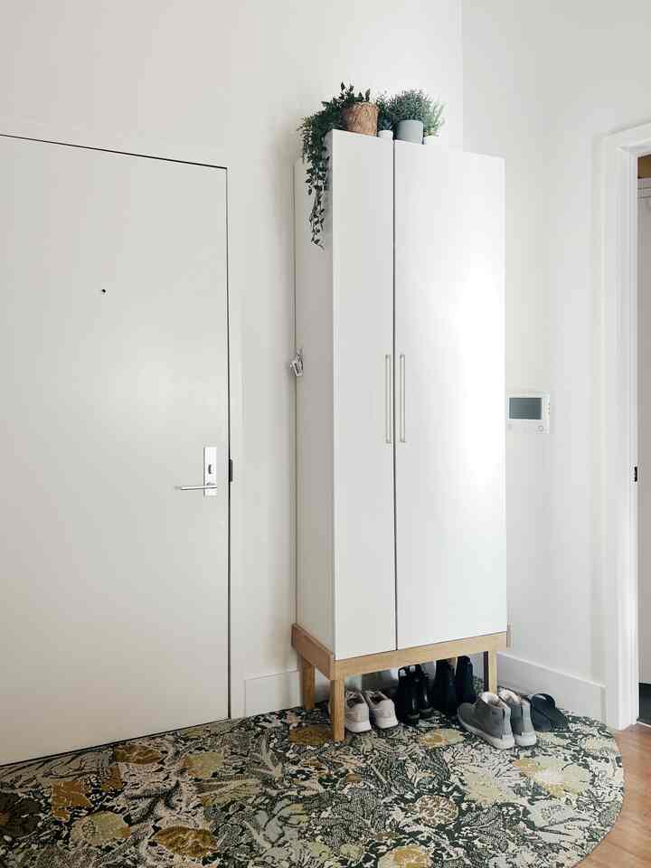 White and wood tone entrance featuring shoe cabinet with plants, clean and natural atmosphere