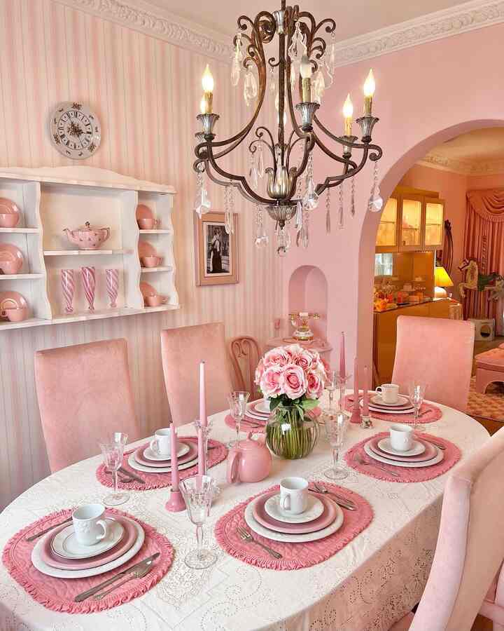 My whimsical pink & shabby chic dining room 🎀

I love using my inner childhood imagination to decorate my space, & fill it with my love for all things retro & pink. 

#shabbychic #cottagecore #grandmacore #pink #girly #retro 