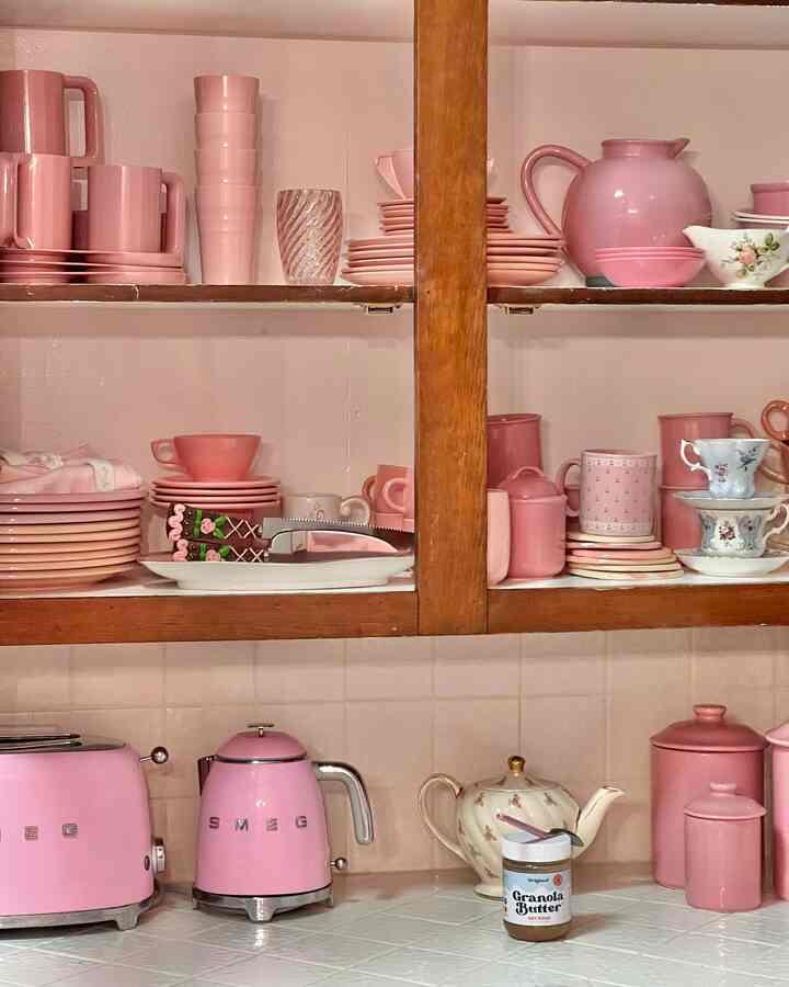 My countertops & the inside of my kitchen cabinets are a pink wonderland 🎀🫖 #pink #shabhychic #retro #cottagecore #girly 