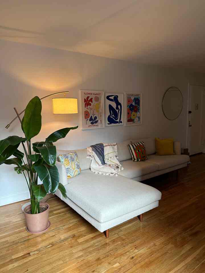 White and yellow-accented living room featuring beige sectional sofa and large green plant with a warm ambiance