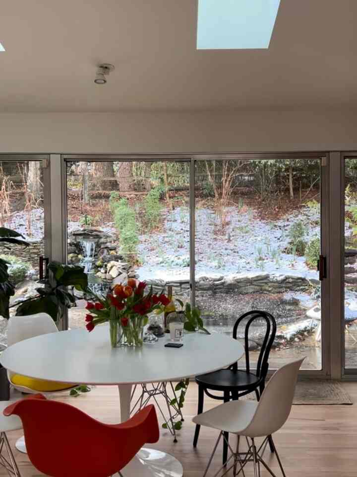 Diningroom with backyard view #homedecor #roomdecor #diningroom #diningroominterior #diningroomfurniture #knoll #hermanmiller #saarinentable #eameschair