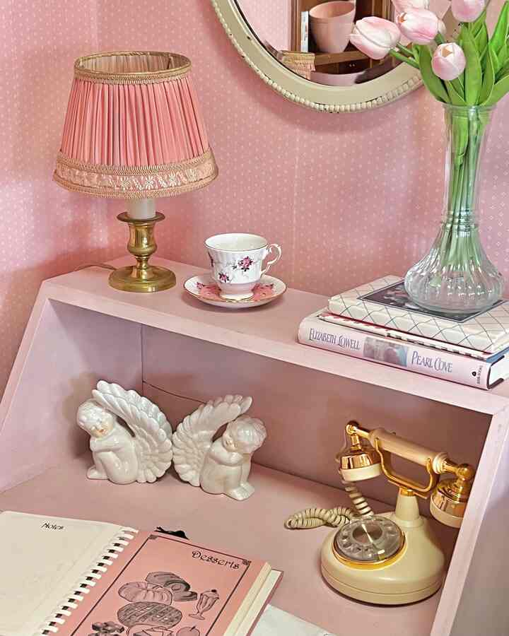I found this antique secretary desk and filled it with little office trinkets 💗🌸 #pink #office #desk #bookends #phone #vintage #teacup ￼