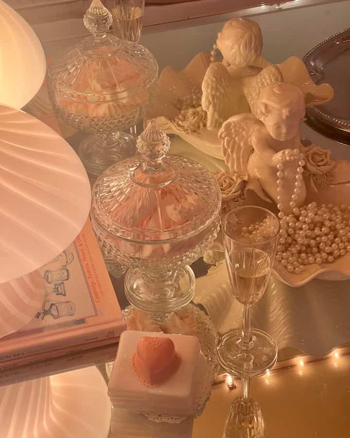 My little disco candy bar set up! ✨💖✨ #pink #candy #champagne #glasses #coasters #jar￼