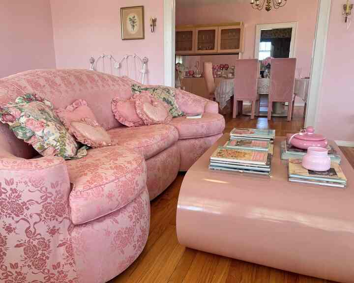 Soft pink toned living room featuring floral patterned sofa and pink coffee table in a vintage shabby chic setting
