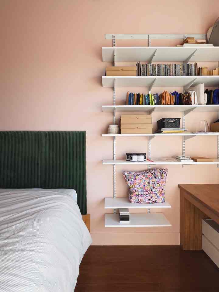 Craft shelves are double dutying as a night stand in my small apartment

#bedroom #pink #green #storage #eclectic #openshelving