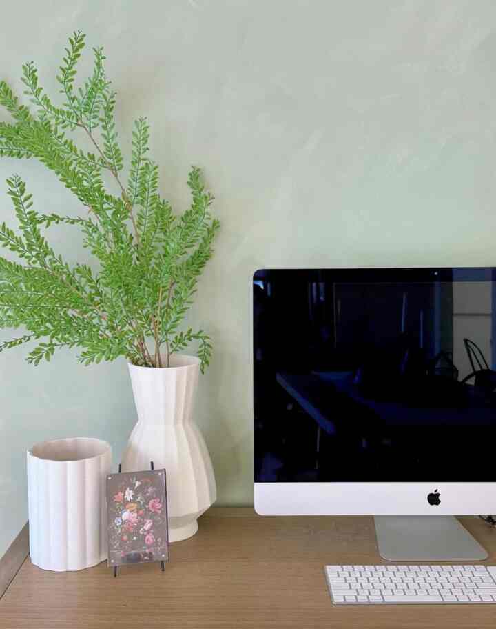 Cleaned my work space and added some white vase and spring botanical. 🌿 #homeoffice #desk #office #apple #imac #clean #organize #spring #modern 