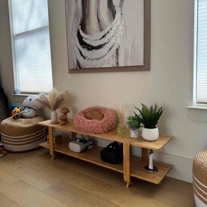 Natural wood tone bedroom featuring a pink pet bed, diffuser, and plants arranged on a cozy wooden shelf with soft light