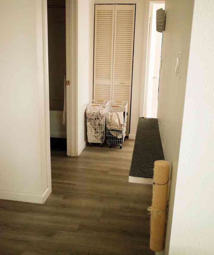 Small space hack! 🏡✨ We made our narrow hallway work by adding a wall-mounted shelf & scratching post for our cat 🐱 plus rolling laundry hampers for easy access. Functional & space-saving! 🙌 #SmallSpaceSolutions #PetFriendlyHome #HomeOrganization