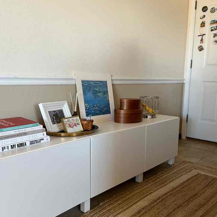 Our kitchen has limited space, so I use the hallway as an extension of our kitchen! Soft, neutral tones create and layered textures create a #warm and inviting space. 🧡