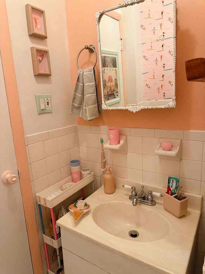I loveeee my girly bathroom. It gives me so much joy 💕🍑
#peachy #bathroomstorage #feminine #pinkbathroom #eclectic 