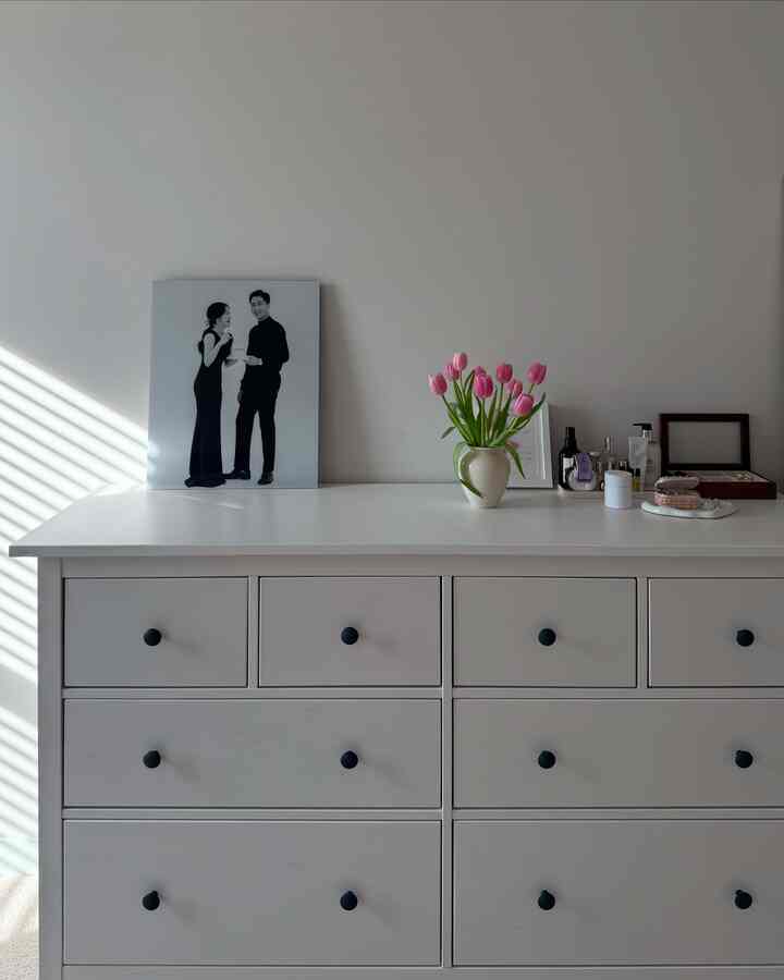 The Mood of My Room Today is …🌷✨ #bedroominterior #whitewood #ikeashelf #flowerinterior 